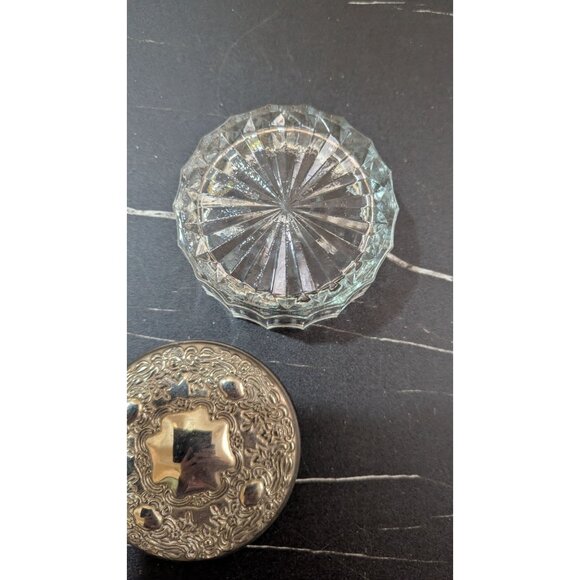 Vintage Glass Powder Jar With Ornate Silver-Tone Lid 3.5" Diameter Preowned - Picture 3 of 9